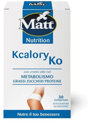 Matt, Kcalory Ko, Integratore Alimentare con Cromo Utile nel Metabolismo di Grassi, Zuccheri e Proteine, Potere Dimagrante, Controlla il Senso di Fame, Confezione da 30 Compresse