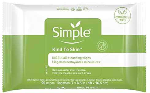 Simple Kind to Skin Cleansing Wipes Gentle and Effective Makeup Remover Micellar Free from color and dye, artificial perfume and harsh chemicals 25 Wipes