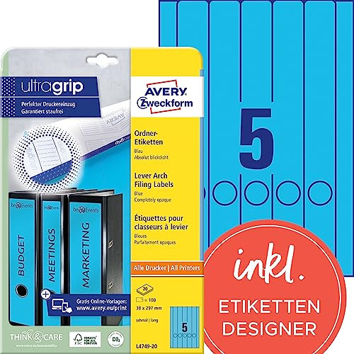 AVERY Zweckform L4749-20 Ordnerrücken Etiketten (100 Rückenschilder mit ultragrip, 38x297mm auf A4, schmal/lang, selbstklebend, absolut blickdicht, bedruckbare Ordneretiketten) 20 Blatt, blau