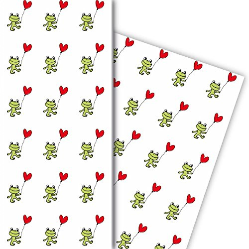 Liebes Geschenkpapier Set (4 Bogen) mit Frosch und Herz Ballon als Geschenkverpackung & Überraschung zur Taufe, Geburt, Ostern, Geburtstag, Hochzeit, Weihnachten 32 x 48cm