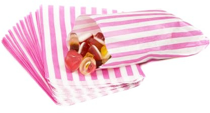 100 Candy Stripe Paper Sweet Bags | Pink | 5” x 7” 125mm x 175mm | Multipurpose Use for Sweets, Popcorn, Kids Party bags, Wedding Favours, Pick and Mix & Cookies!