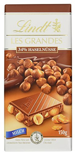 Lindt Les Grandes Milch Tafel, ganze Nüsse und knusprig caramelisierte Nussstückchen in feinster Vollmilch Chocolade, glutenfrei, 150g