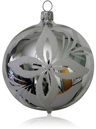 Lauschaer Glas Christbaumkugeln Silber mit weißen Blumen 4 Stück d 10cm Christbaumschmuck Weihnachtsbaumschmuck mundgeblasen handdekoriert