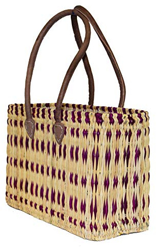 Einkaufskorb aus Seegras I geflochtene Tasche mit Ledergriff I mittlere Größe mit langem Griff I lila I Abmessungen: 40x15x26 cm
