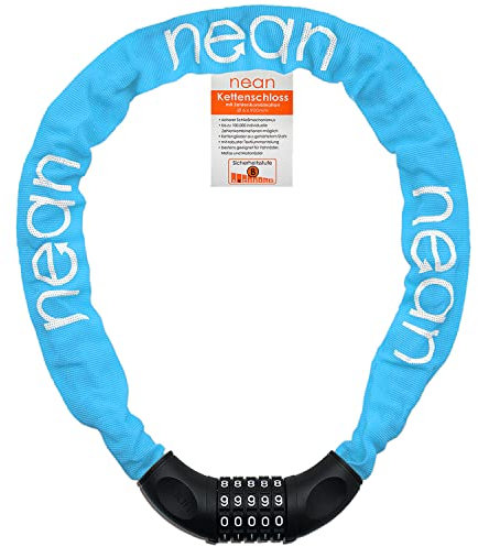nean Fahrradschloss mit Zahlen, Kettenschloss hohe Sicherheitsstufe, Fahrradschloss Zahlenschloss mit Code, Fahrrad Schloss mit Kette aus gehärtetem Stahl, textilummantelt, neonblau, 6 mm x 900 mm