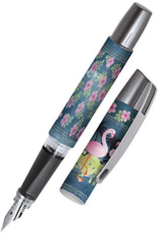 ONLINE Füller Campus Denim Flamingo, Tinten-Füller für Rechtshänder, ergonomisches Griffstück, hochwertige Iridiumfeder M, Standard-Tintenpatronen, inkl. Kombipatrone blau