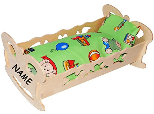alles-meine.de GmbH Set: Puppenwiege/Puppenbett - Schmetterling - Jungen Farben - incl. Name - aus Naturholz - für Puppen - incl. Bettzeug - Decke & Kopfkissen - Holz Wiege..