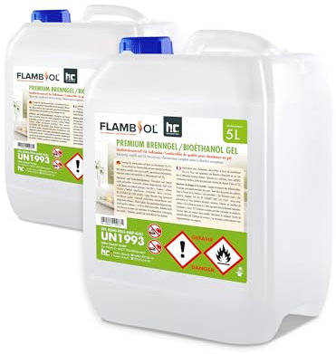 FLAMBIOL® Bioéthanol Premium en Gel (2 x 5 L) – Combustible Longue Durée, Idéal pour Cheminées d'Intérieur et d'Extérieur – Formule Améliorée et Écologique, Fabriqué en Allemagne