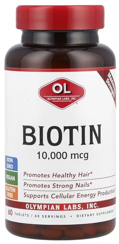 Olympian Labs Max Strength Biotin Vitamin B7 Supplement, 10,000mcg Tablets, Improve Hair, Skin & Nail Growth, 60 Vegan Tablets