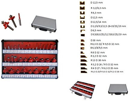 Frese pantografo/fresatrice verticale/Punte lavorazione legno set 35 pezzi in valigetta gambo 8mm vasto assortimento di misure