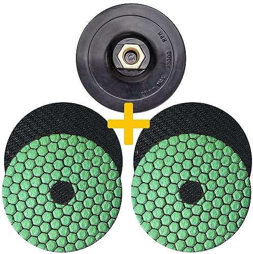 EDW Profi Diamant-Schleifpad Set für Trockenschliff, D = 100 mm, Körnung 2 x Polierer, Klett-Aufnahmeteller M14, für Naturstein, Granit, Feinsteinzeug, Fliesen, Keramik, Kunststein, Glas,Marmor