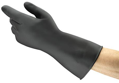 Ansell AlphaTec 87-118 Chemical Resistant Gloves in Latex, Heavy Duty Protection against Splash, Acids and Solvents, Reusable Rubber Latex Gloves, Cotton Flocked, Black, Size S (1 Pair)