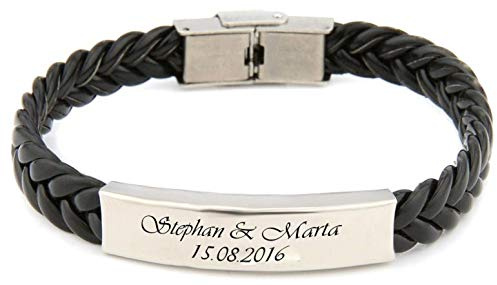 aplusashop ID Leder Armband mit Edelstahlplatte inkl. Gravur nach Wunsch Schwarz NEU
