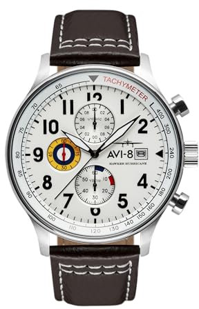 AVI-8 Herren 42mm Hawker Hurricane Classic Chronograph Classic White Japanische Quarz-Fliegeruhr mit Lederarmband AV-4011-01