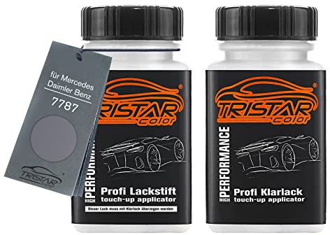 TRISTARcolor Autolack Lackstift für Mercedes 7787 Mountaingrau Metallic +1K | für Mercedes / Daimler Benz, Mountain Grey Metallic, Set aus Basislack + Klarlack, Lackfläschchen mit Pinsel, je 50ml
