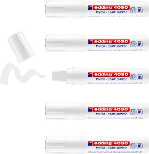 edding 4090 Kreidemarker - weiß - 5 Kreidestifte - Keilspitze 4-15 mm - breiter Kreidestift für Tafel abwischbar - zum Beschriften von Fenster, Glas, Spiegel - Tafelstift mit deckenden Farben