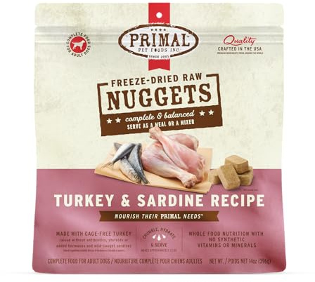 Primal Freeze Dried Raw Dog Food Nuggets, Turkey & Sardine Complete & Balanced Meal, Also Use as Topper or Treat, Premium, Healthy, Grain Free, High Protein Raw Dog Food, 14 oz