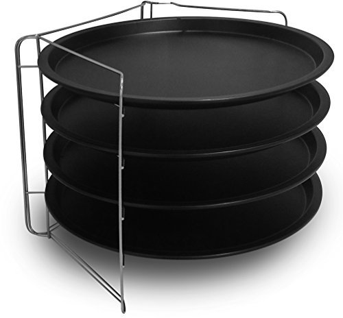 Guardini Pizza&Mania, Set 4 Tegami Pizza Ø32cm+1 Griglia Porta Tegami, Acciaio con rivestimento antiaderente, Colore nero