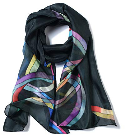 Invisible World Foulard Soie 100% Femme pour Cheveux, Cou, Tete Echarpe Longue Peint a la Main - Libellule - Noir