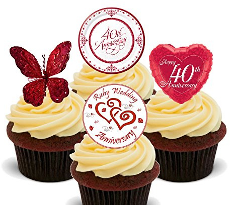 Ruby Wedding 40th Anniversary Edible Cupcake Toppers - Stand-up Wafer Cake Decorations (Pack of 12)
