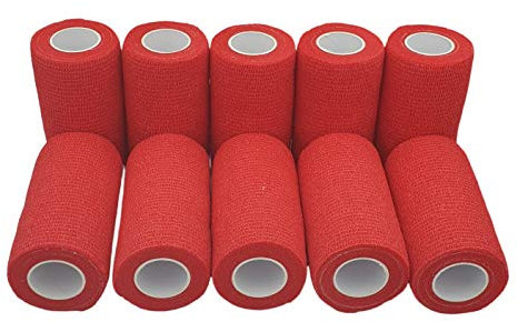 PintoMed Selbstklebender Verband Gedehnt -10 x Rot - 10cmx4,5m Bandagen Rollen Haftbandage Fixierbinde Selbsthaftend Health Pflaster Sport Tape Stück für Handgelenk Bein Arm Vet Wrap