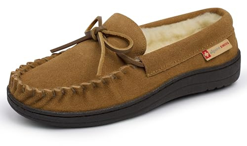 Alpine Swiss Sabine Womens Moccasin Slippers Genuine Suede House Shoe Memory Foam Insole Plush Faux Shearling Fur Indoor Outdoor Anti-Slip Rubber Sole CHST 9