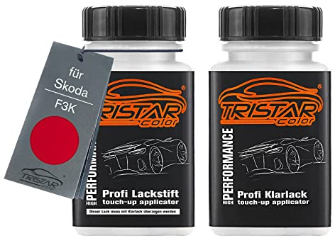 TRISTARcolor Autolack Lackstift für Skoda F3K Corrida Red/Corridarot +1K | Set aus Basislack + Klarlack, Lackfläschchen mit Pinsel, je 50ml