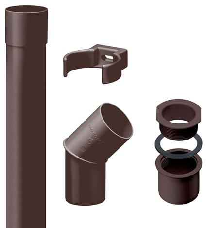INEFA Downpipe/tubo di scarico 50mm, Set completo in plastica per casetta da giardino, accessori per ribalta per pluviali 2 m Marrone scuro