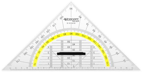 Westcott Geometriedreieck 22 cm mit abnehmbarem Griff | Transparentes Geometrie-Dreieck aus Kunststoff mit gelber Skala | Technische Skala & Winkelmesser für Schule, Uni oder Büro | E-10134 00