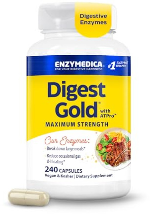 Enzymedica Digest Gold + ATPro, Maximum Strength Enzyme Formula, Prevents Bloating and Gas, 14 Key Enzymes Including Amylase, Protease, Lipase and Lactase, 240 Capsules