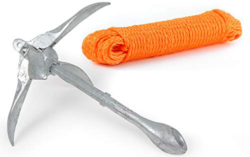 wellenshop Klapp-Anker + Ankerleine 30 m Ø 8 mm Schwimmfähig Kunststoff Polyethylen PE Orange Faltklappanker Faltanker Stahl Verzinkt
