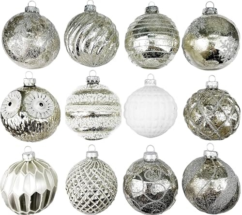 12er Set Luxus Weihnachtskugeln Echtglas Glaskugeln Weihnachten weihnachtsdeko Christbaumkugeln Set B 8 cm Silber