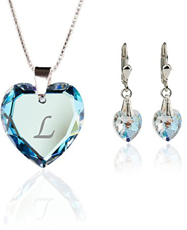 Kristallwerk Kinder Schmuckset, Kette und Ohrringe 925 Silber mit Swarovski Elements Herzanhänger, Farbe Blue AB und Gravur Buchstabe A - Z