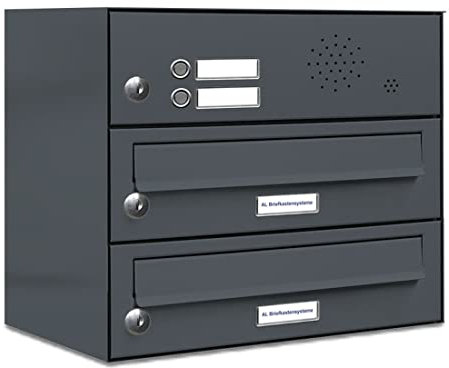 AL Briefkastensysteme 2er Briefkastenanlage mit Klingel Anthrazit Grau RAL 7016, Premium Doppel-Briefkasten DIN A4, 2 Fach Postkasten modern Aufputz