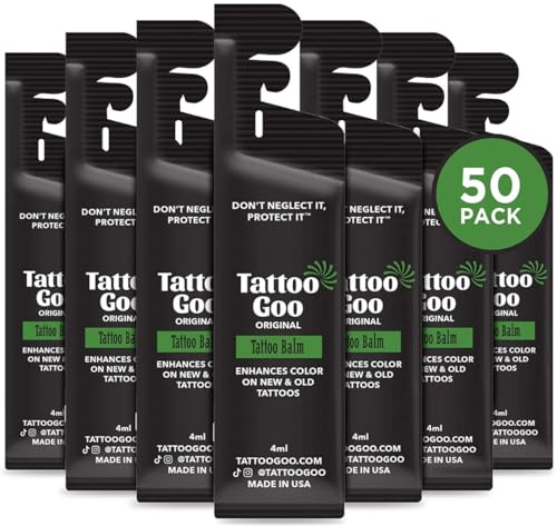Tattoo Goo Tattoo Aftercare Balm, 50 Pk Individual Travel Packets, Natural Olive Oil & Beeswax, Supports Vibrant Color, Hydrates Fresh Ink, Moisturizing & Lightweight, No Petroleum, Mild Scent