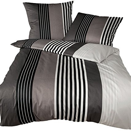 Janine Mako Satin Bettwäsche J.D. 135x200 cm + 80x80 cm schwarz-Taupe aus naturreiner gekämmter Mako Baumwolle