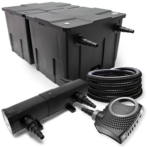 Wiltec Komplettset: CBF-350B Teichfilter bis 60000 L Teichfilteranlage als Durchlauffilter, NEO10000 SuperECO Teichpumpe 10000l/h 80W, CUV-224 Teichklärer UVC Klärer mit 24W, 25m Teichschlauch 25 mm