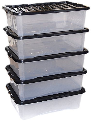 CrazyGadget 5 x 32L 32 Litre Large Underbed Plastic Storage Clear Box Strong Stackable Container - Made In U.K. (Black)