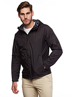 Tommy Hilfiger Men's Lightweight Breathable Waterproof Hooded Jacket, Black, X-Large