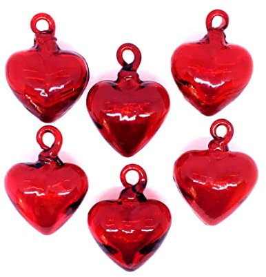 MexHandcraft röd 6,6 cm små hängande glashjärtan (set med 6), återvunnet blåst glas (små hjärtan)