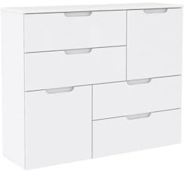Forte Sienna Kommode mit 2 Türen und 4 Schubladen, Holzwerkstoff, Weiß/ Weiß Hochglanz, 114.9 x 34.1 x 92.9 cm