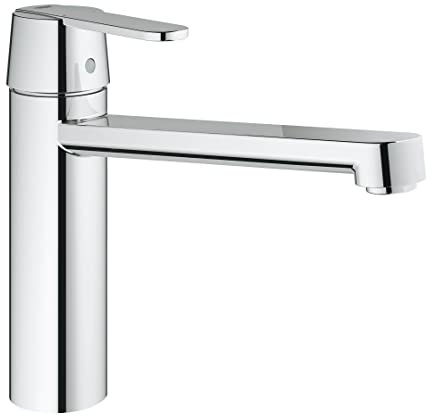 GROHE Get, Küchenarmatur mit flachem Auslauf (Wasserhahn für die Küche, 140° Schwenkbereich, wassersparend dank variabler Mengenbegrenzung, werkzeugfreie Spülbecken-Montage), chrom, 30196000