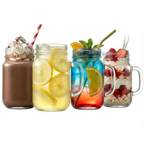 Drinkstuff Mason Drinking Jar Glasses 16.5oz / 490ml - Set of 4 Vintage Mason Jar Tumblers with Handle - Iced Coffee, Smoothie, Milkshake, Lemonade and Cocktails - Dishwasher Safe, Gift Boxed