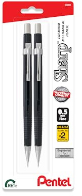 Pentel Sharp Mechanical Pencil (0.5mm), Fine Line, Black Barrel, Pack of 2 (P205BP2)