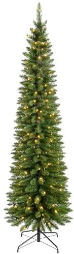 WeRChristmas Pre-Lit Pencil Christmas Tree with 180 LED Lights, 6.5 feet/1.95 m - 25 x 25 x 213 cm, Green