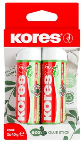 Kores - Pegamento ecológico, adhesivo de fuerte sujeción, seguro y no tóxico, pegamento para manualidades y manualidades, respetuoso con el medio ambiente, paquete de 2 unidades de 40 g