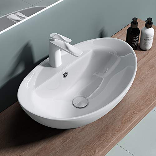 doporro Lavabo da Appoggio in Ceramica Bianco Lucido, Lavandino Bagno Moderno con Foro Rubinetto e Rivestimento Nano 59x39x21 cm Brüssel302