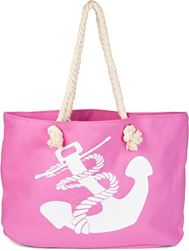 styleBREAKER XXL Strandtasche mit Anker Print | maritimer Look in Flechtoptik | Shopper Badetasche 57 x 33 x 32 cm, Farbe:Pink-Weiß