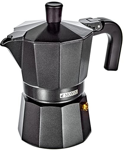 Monix Vitro Noir Cafetera italiana de aluminio 3 Tazas, apta para todo tipo de cocinas salvo inducción