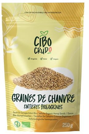 Graines de Chanvre Bio Non Décortiquées - 250g. Graine de Chanvre Contiennent Protéines Fibres Vitamines et Antioxydants. Graisses Oméga 3 et Oméga 6.
